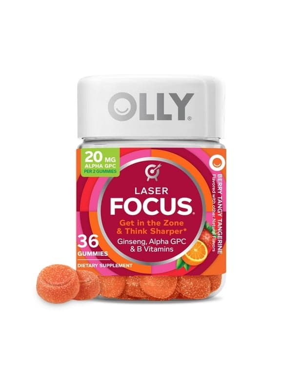 OLLY Laser Focus Gummy, 100 mg American Ginseng Extract, Alpha GPC, B Vitamin, Supplement, Berry Tangerine Flavor, 36 Ct