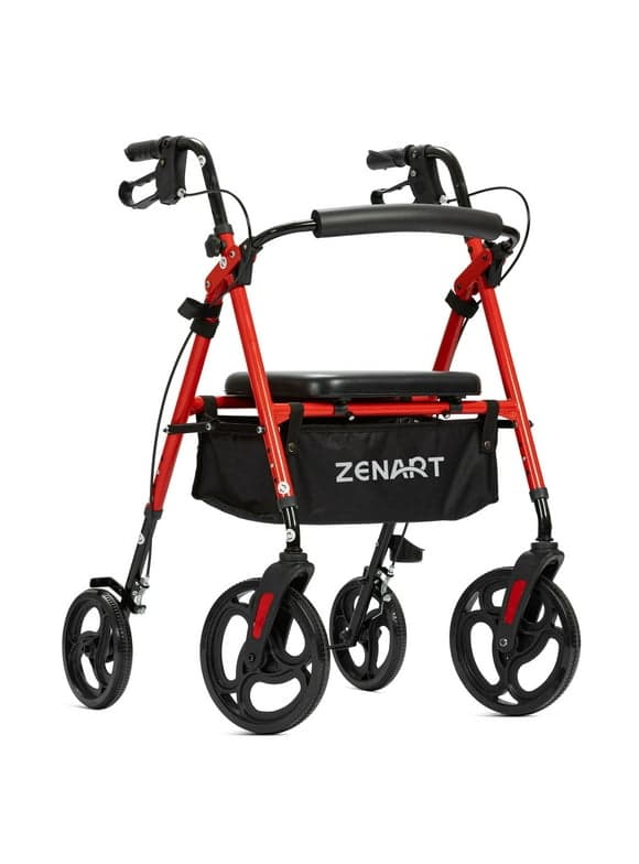 ZENART Mobility Rollator Walker for Seniors Adult with Adjustable Seat and 10" Wheels, Red