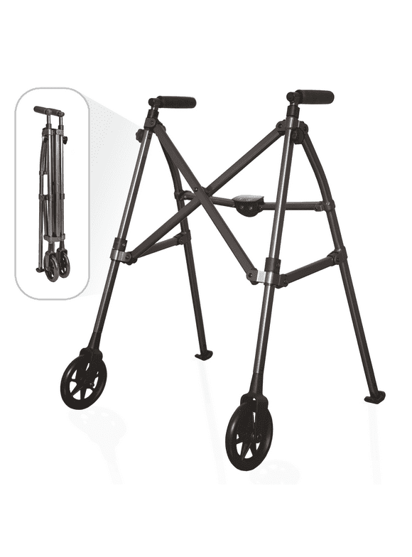 Stander Wonder Walker, Lightweight Folding Space Saver Walker for Seniors, Adult Walker with Wheels, Two Wheeled Rolling Walker and Ski Glides, Black