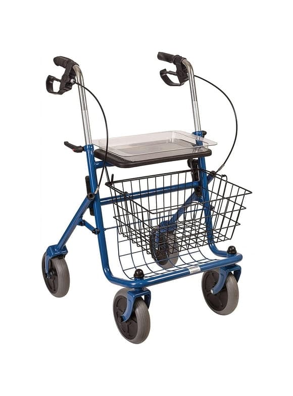 DMI Steel Rollator Walker with Padded Seat, Adjustable Handle Height, Removable Storage Basket, FSA and HSA Eligible, Handbrakes, Blue