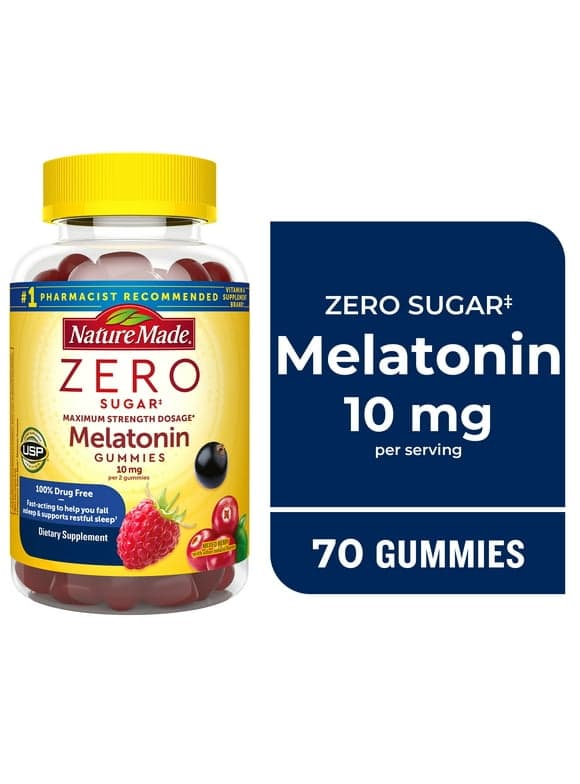 Nature Made Zero Sugar Melatonin 10mg per 2 Gummies, Sugar Free Sleep Aid, 70 Count