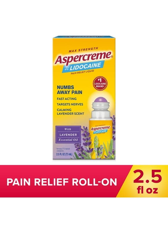 Aspercreme Max Strength Topical Numbing Pain Reliever Roll-on Liquid, 4% Lidocaine, Lavender, 2.5 fl oz