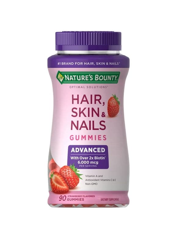 Nature's Bounty Advanced Hair, Skin and Nails Gummies, Biotin 6000 mcg, Vitamins A, C, and E, Strawberry, 90 Ct