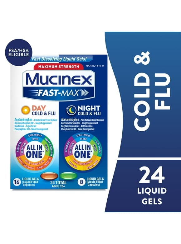 Mucinex Fast-Max Day Cold & Flu & Night Cold & Flu Medicine, OTC Cough Relief, 24 Liquid Gels