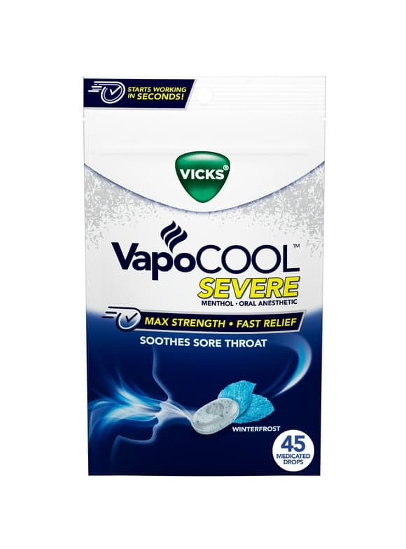 Vicks Vapocool Severe Medicated Sore Throat Drops, Menthol, Winterfrost Flavor, 45 Ct