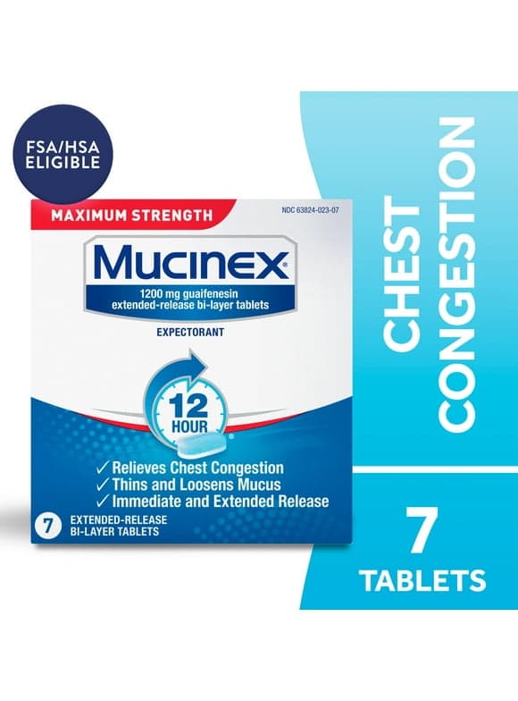 Mucinex 12 Hour Max Strength Expectorant, OTC Medicine for Excess Mucus Relief, FSA/HSA, 7 Tablets