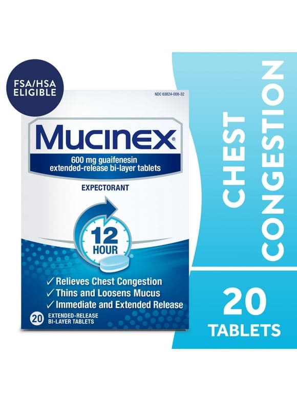 Mucinex 12 Hour Expectorant, OTC Medicine for Excess Mucus Relief, Chest Congestion, FSA, 20 Tablets