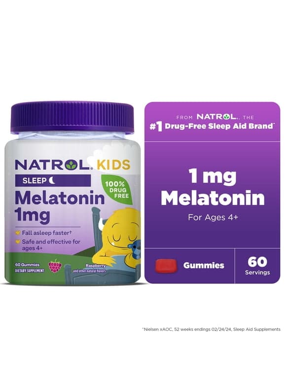 NatrolÂ® Kids Melatonin, Sleep Gummies for Children, Raspberry Flavor, 1mg, 60 Count