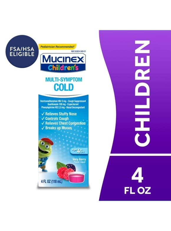 Mucinex Children's Cold & Cough Medicine, Expectorant for Kids, Very Berry Flavor Liquid, 4 fl oz