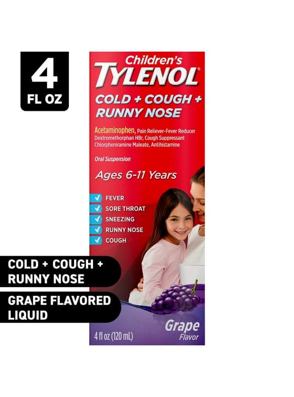 Children's Tylenol Cold + Cough + Runny Nose Medicine, Grape, 4 fl. oz