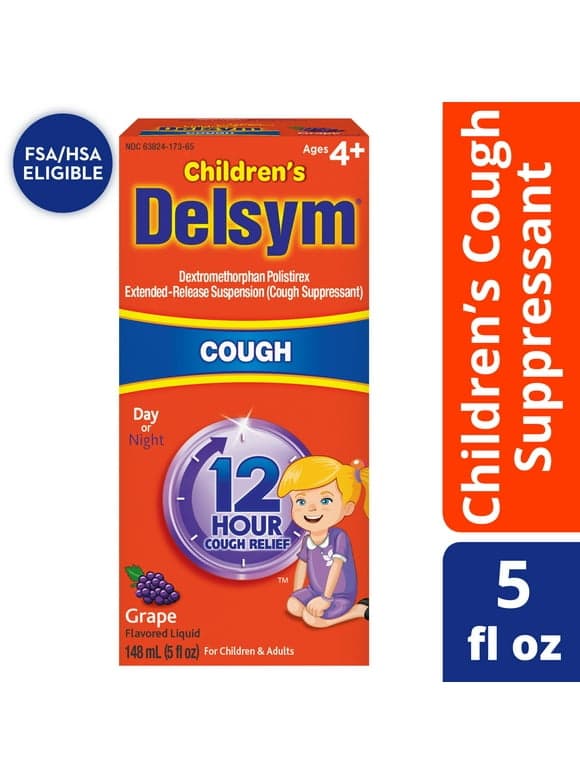 Childrens Delsym 12 hour Cough Relief Medicine, Powerful Cough Relief for 12 Good Hours, Cough Suppressing Liquid, #1 Pediatrician Recommended, Grape Flavor, 5 Fl oz