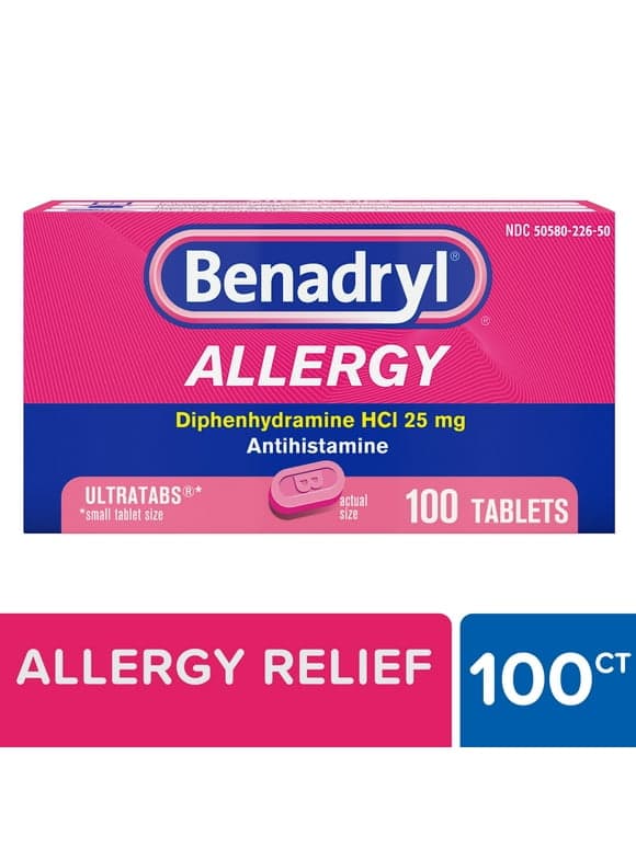 Benadryl Ultratabs Antihistamine Cold & Allergy Relief Tablets, 100 Ct