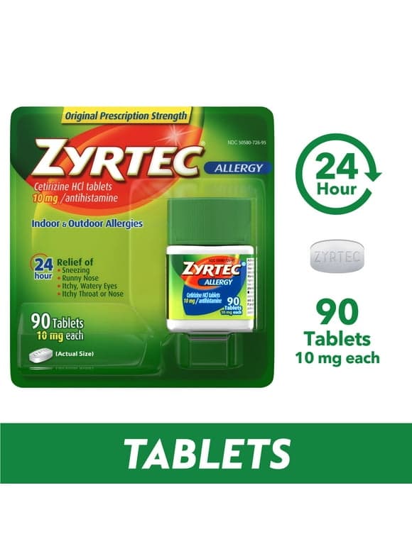 Zyrtec 24 Hour Allergy Relief Tablets with 10 mg Cetirizine HCl, 90 Ct