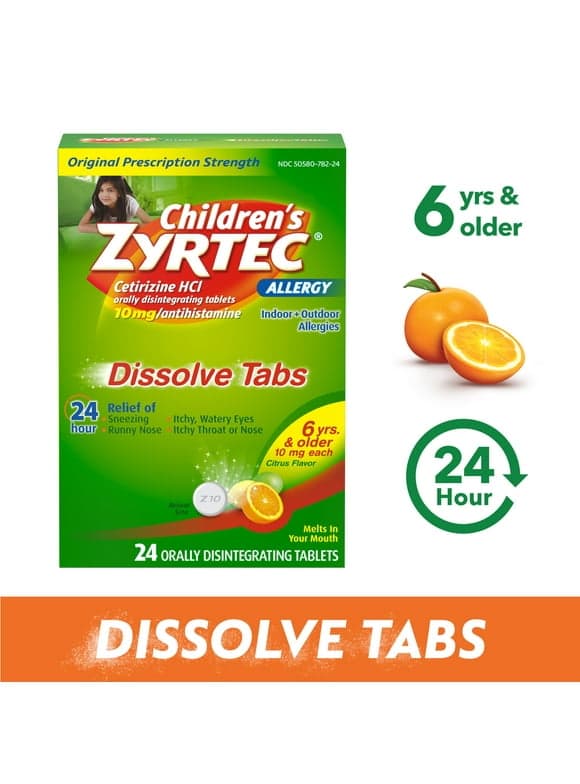 Children's Zyrtec 24 Hr Allergy Relief Dissolve Tablets, Citrus, 24 Ct