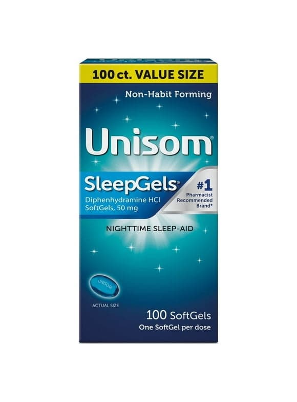 Unisom SleepGels Diphenhydramine HCL Softgel Sleeping Pills, Nighttime Sleep Aid, 50 mg, 100 Count