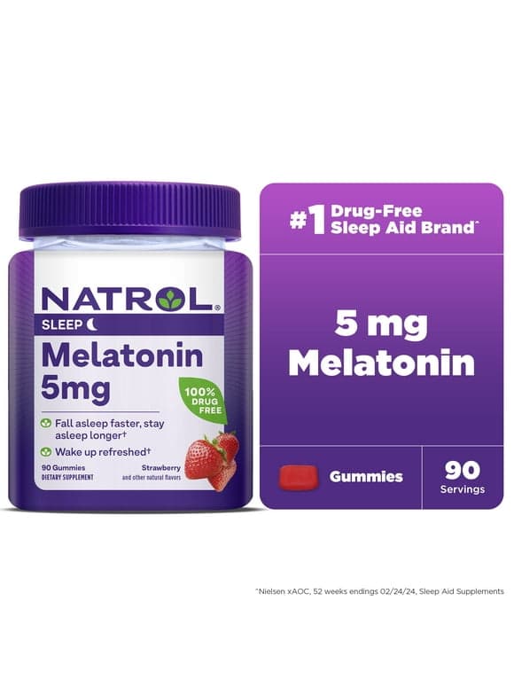 NatrolÂ® Melatonin Gummies, Sleep Support for Adults, Strawberry Flavor, 5mg, 90 Count