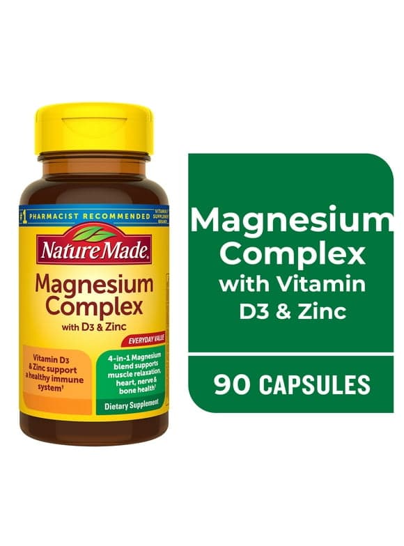 Nature Made Magnesium Complex with Vitamin D & Zinc Capsules, Magnesium Supplement, 90 Ct