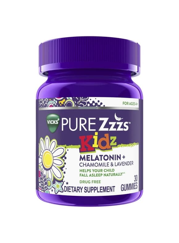 Vicks Pure Zzzs Kidz, Melatonin + Chamomile and Lavender Dietary Supplement, Natural Berry Flavor, 30 Gummies